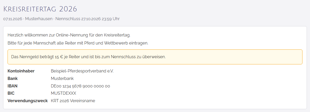Oben: Veranstaltung, Datum, Ort, Nennschluss, Hinweise zum Nenngeld und Bankverbindung.