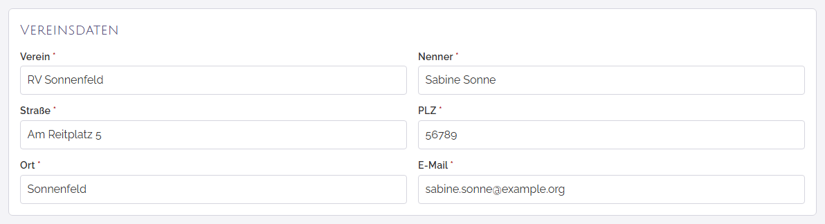 Vereinsdaten mit Nenner und E-Mail-Adresse.