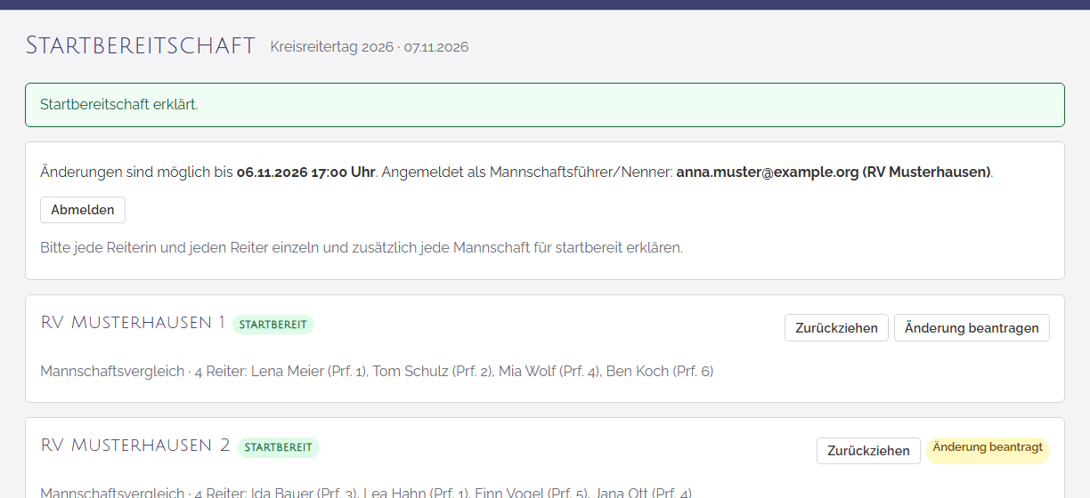 Nach dem Klick: Bestätigung oben, der Status wechselt auf „startbereit“.