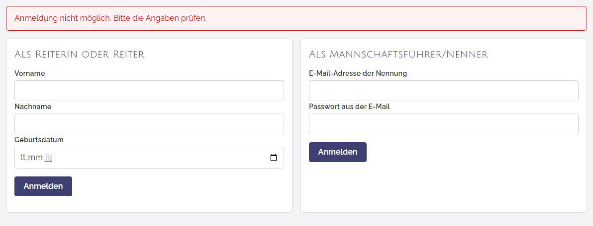Bei falschen Angaben erscheint „Anmeldung nicht möglich“.