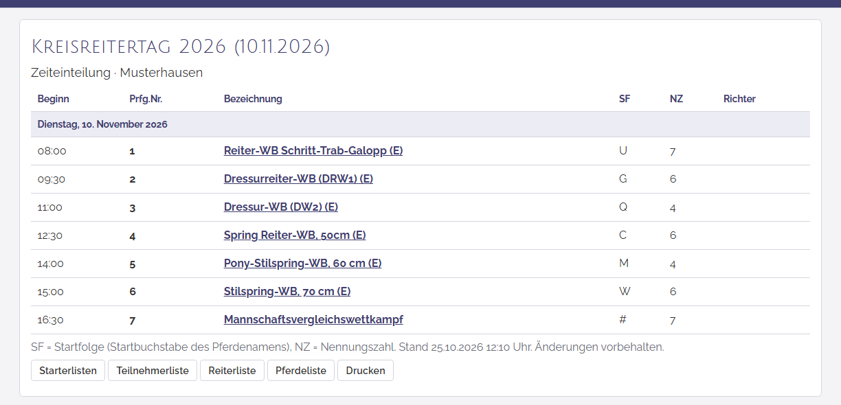 Zeiteinteilung mit Links zu den Teilnehmerlisten der Prüfungen.